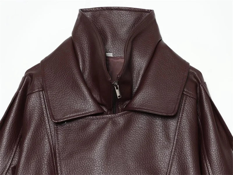 Margot Funnel Neck Faux Leather Jacket in Burgundy