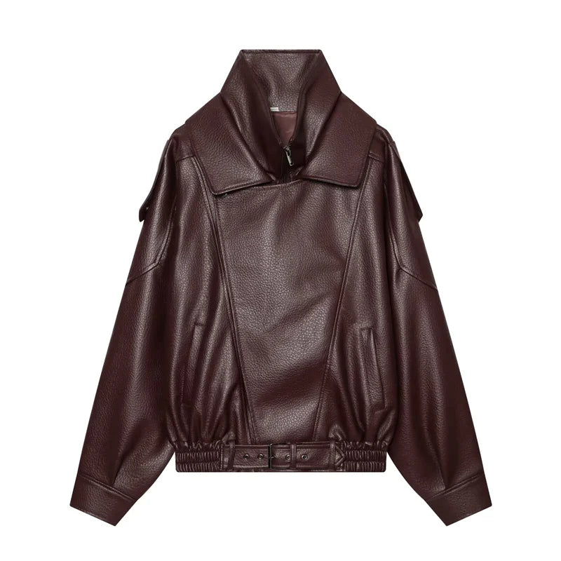Margot Funnel Neck Faux Leather Jacket in Burgundy