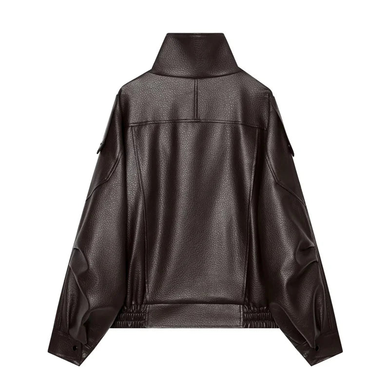 Margot Funnel Neck Faux Leather Jacket in Dark Brown
