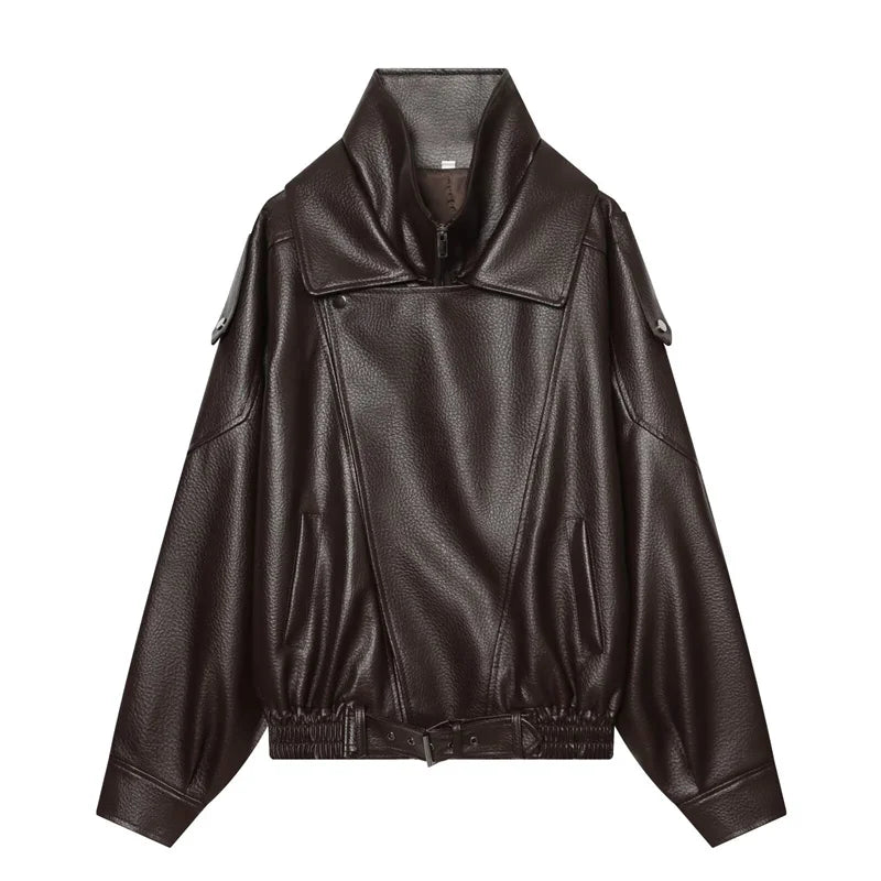 Margot Funnel Neck Faux Leather Jacket in Dark Brown