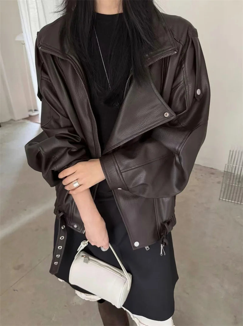 Margot Funnel Neck Faux Leather Jacket in Dark Brown