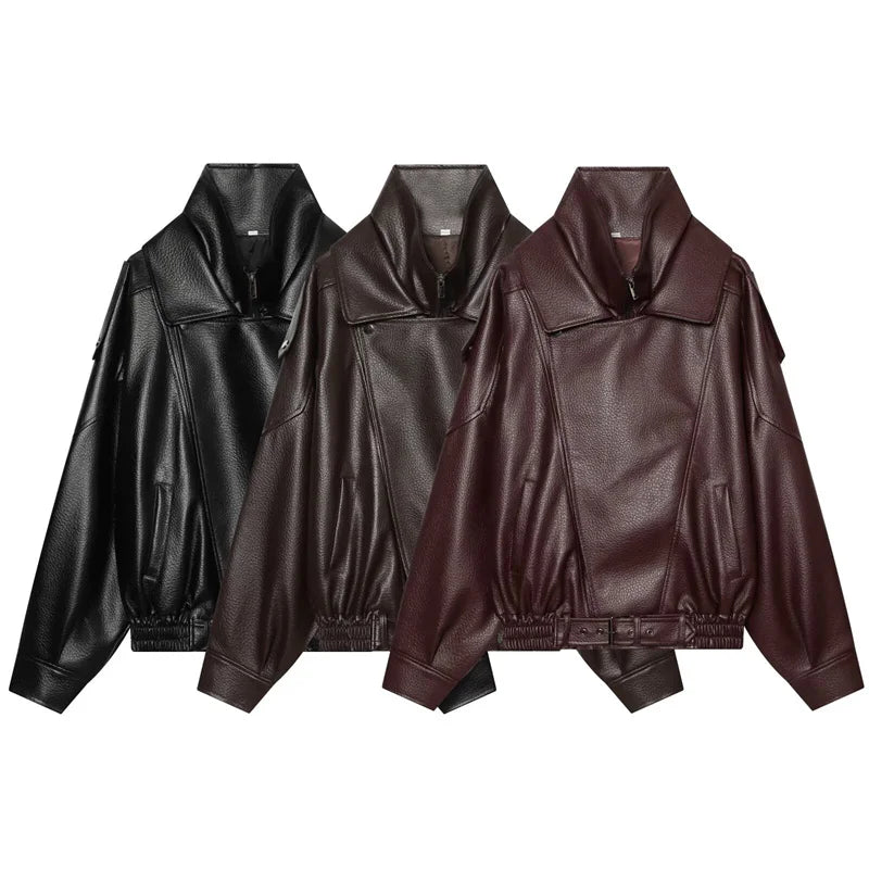 Margot Funnel Neck Faux Leather Jacket in Black, Dark Brown and Burgundy