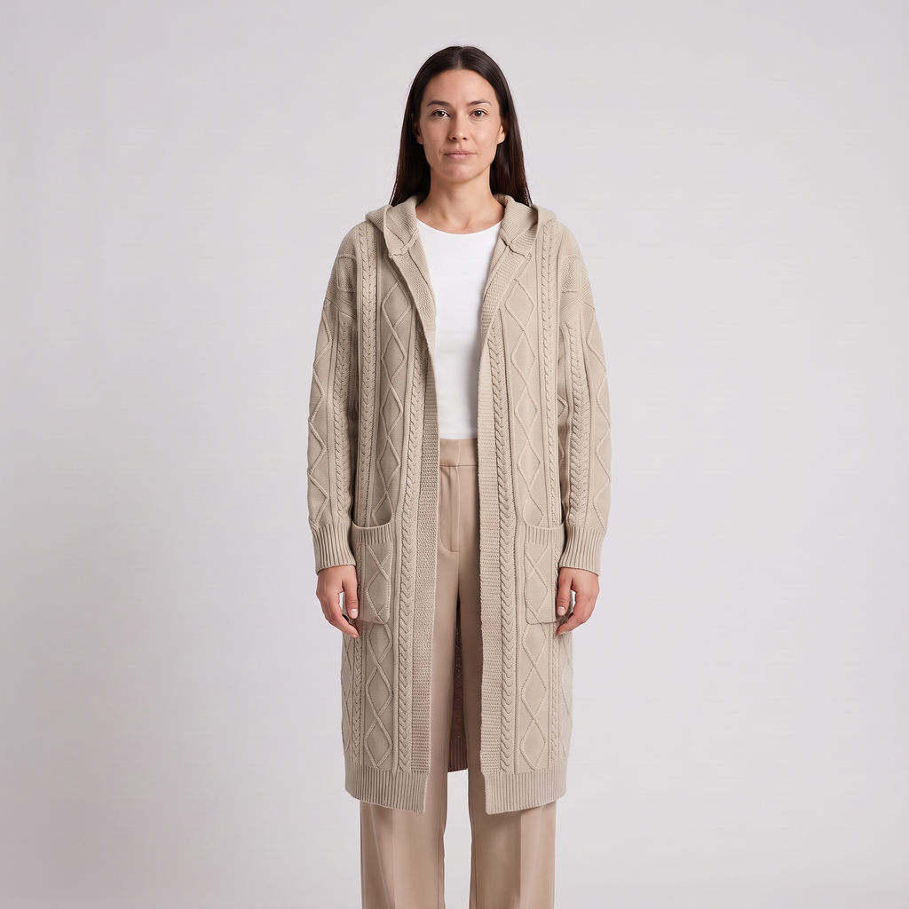 Miriam Elegant Cardigan in Beige on model