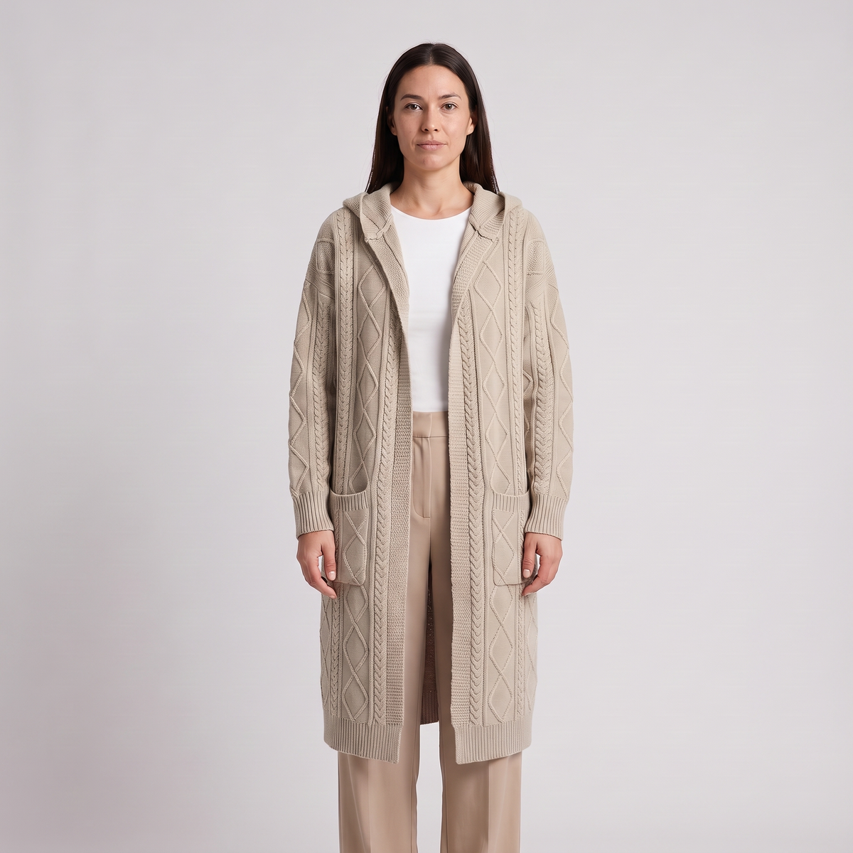 Miriam Elegant Cardigan in Beige on model
