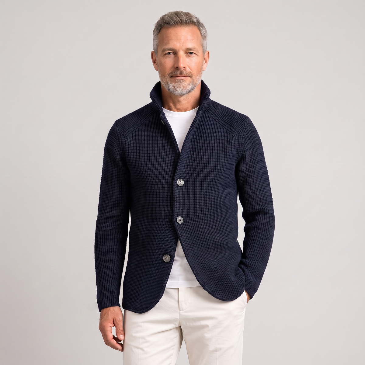 Noah Stand Collar Button-Front Knit Cardigan in Blue on model