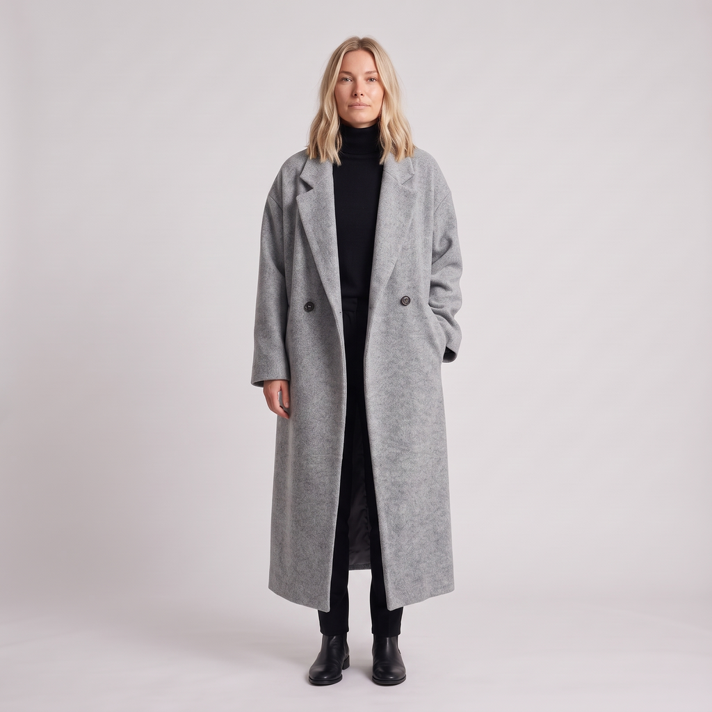 Olive Wool Blend Maxi Coat in Grey on model