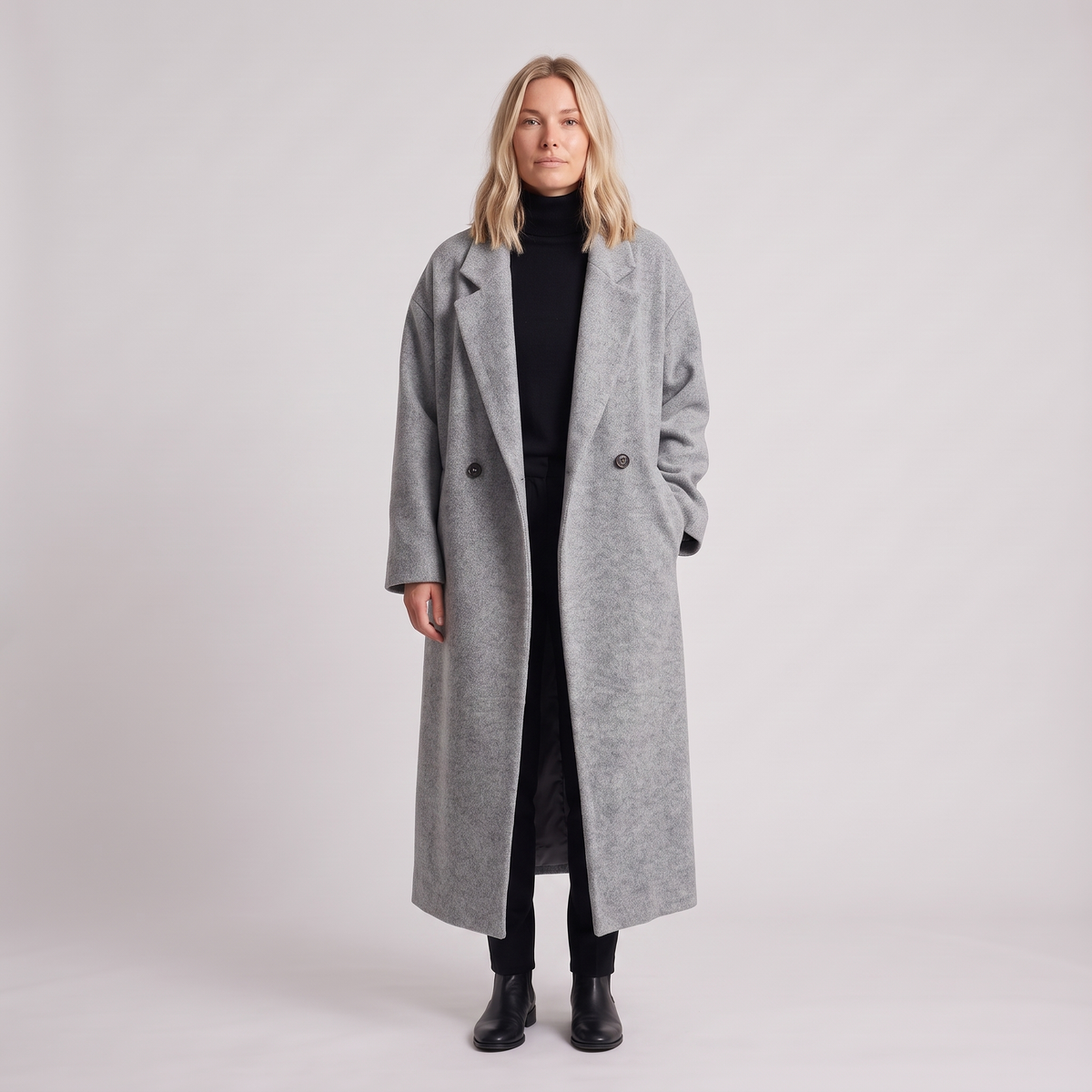 Olive Wool Blend Maxi Coat in Grey on model