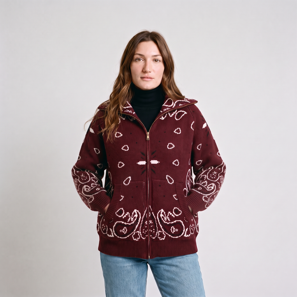 Paloma Paisley Jacquard Zip Cardigan in Burgundy