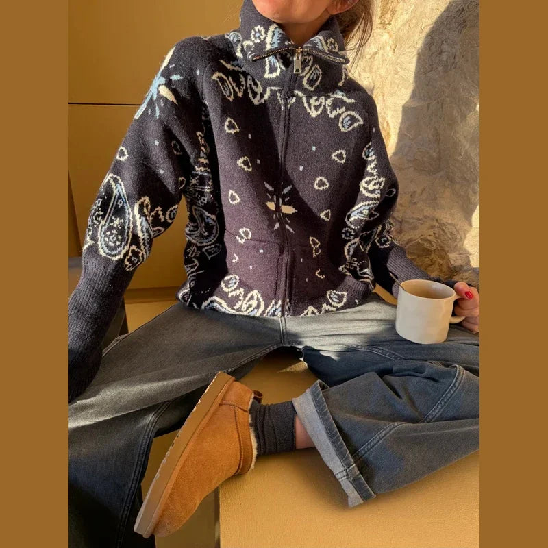 Paloma Paisley Jacquard Zip Cardigan in Navy
