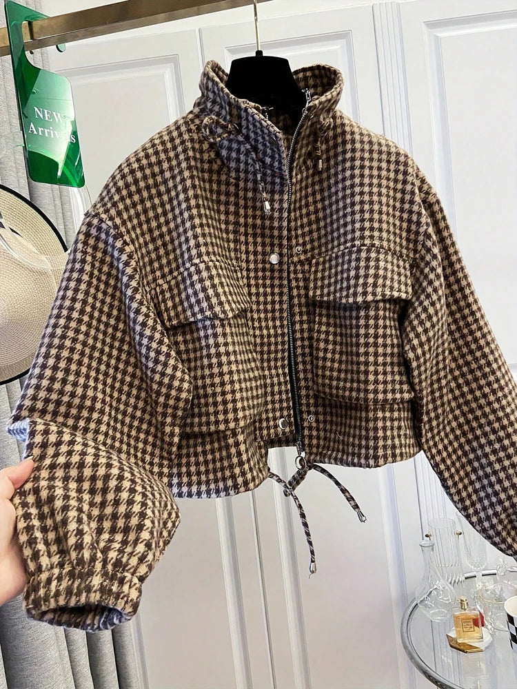 Philippa Houndstooth Cropped Jacket in Brown