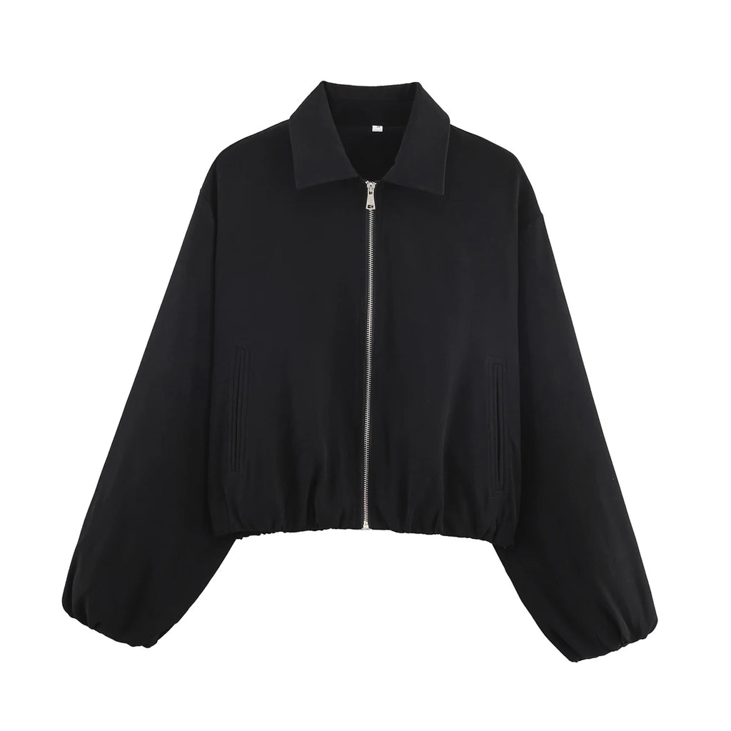 Romy Collared Cropped Bomber Jacket in Black