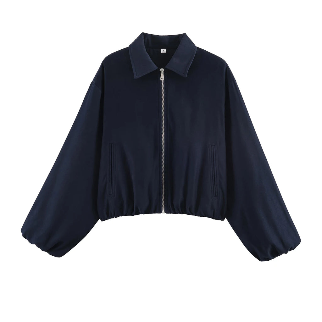 Romy Collared Cropped Bomber Jacket in Navy