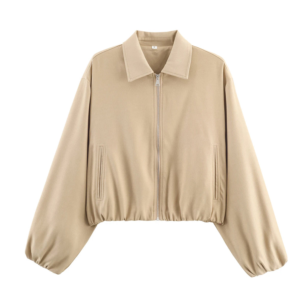 Romy Collared Cropped Bomber Jacket in Sand