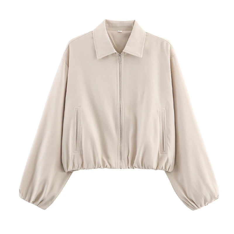 Romy Collared Cropped Bomber Jacket in Stone