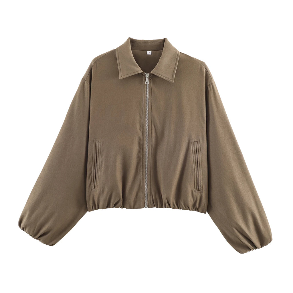 Romy Collared Cropped Bomber Jacket in Taupe