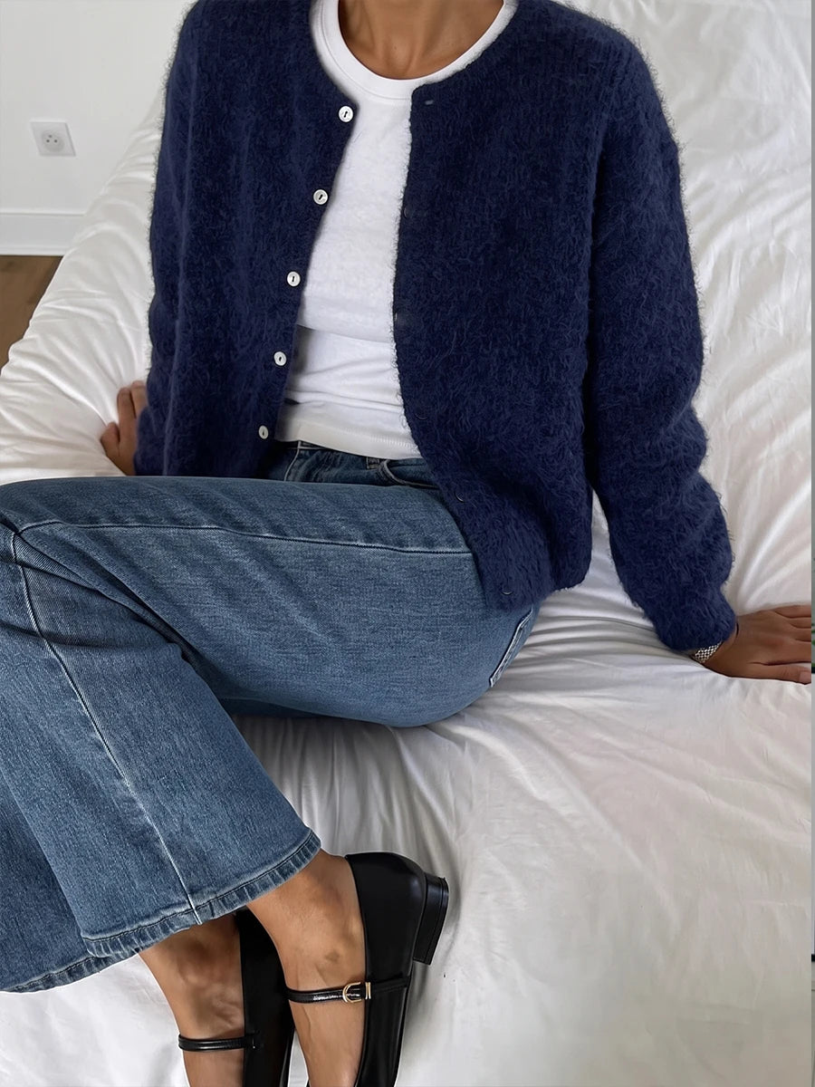 Rosalind Soft Knit Button Cardigan in Navy