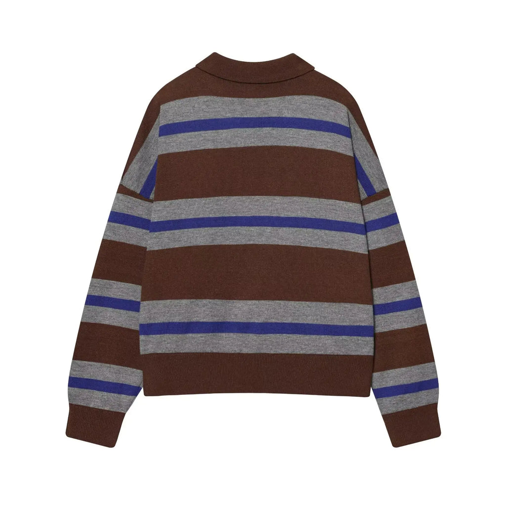 Rosie Striped Knit Polo Sweater in Brown & Grey