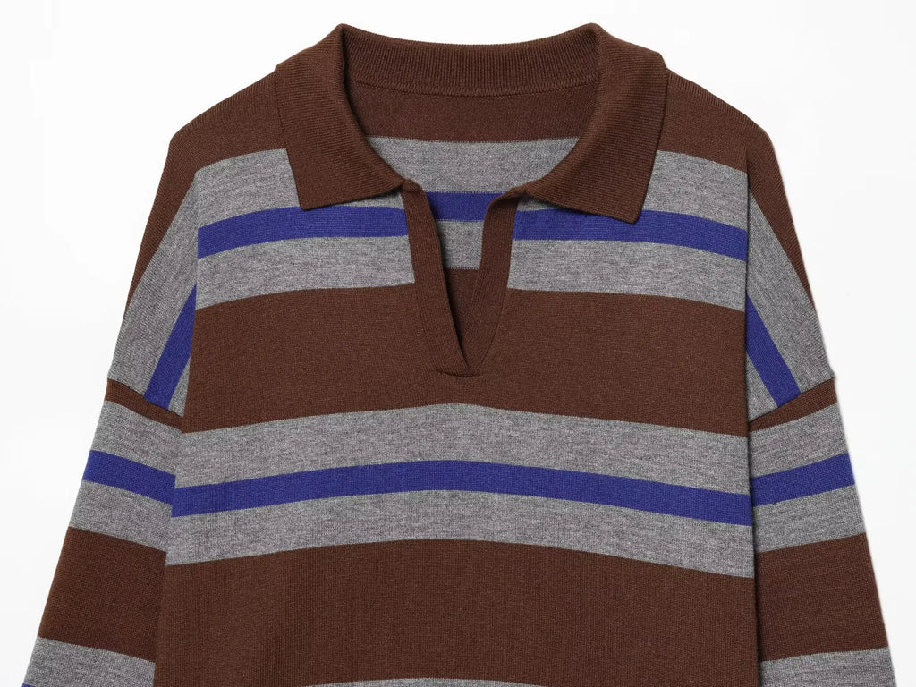 Rosie Striped Knit Polo Sweater in Brown & Grey