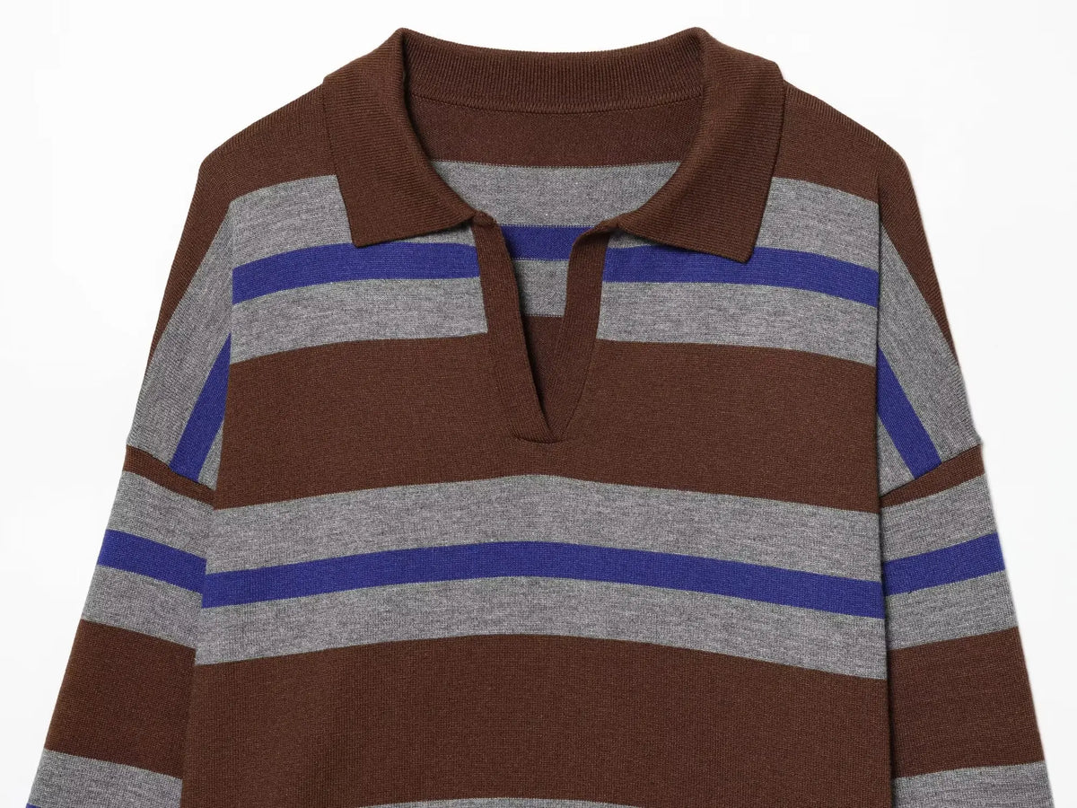 Rosie Striped Knit Polo Sweater in Brown & Grey