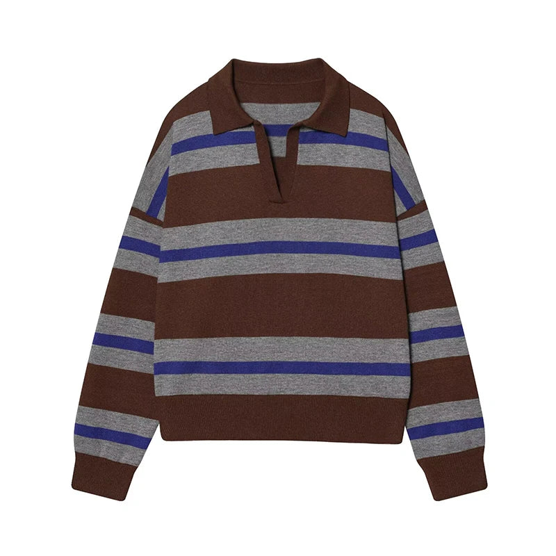 Rosie Striped Knit Polo Sweater in Brown & Grey