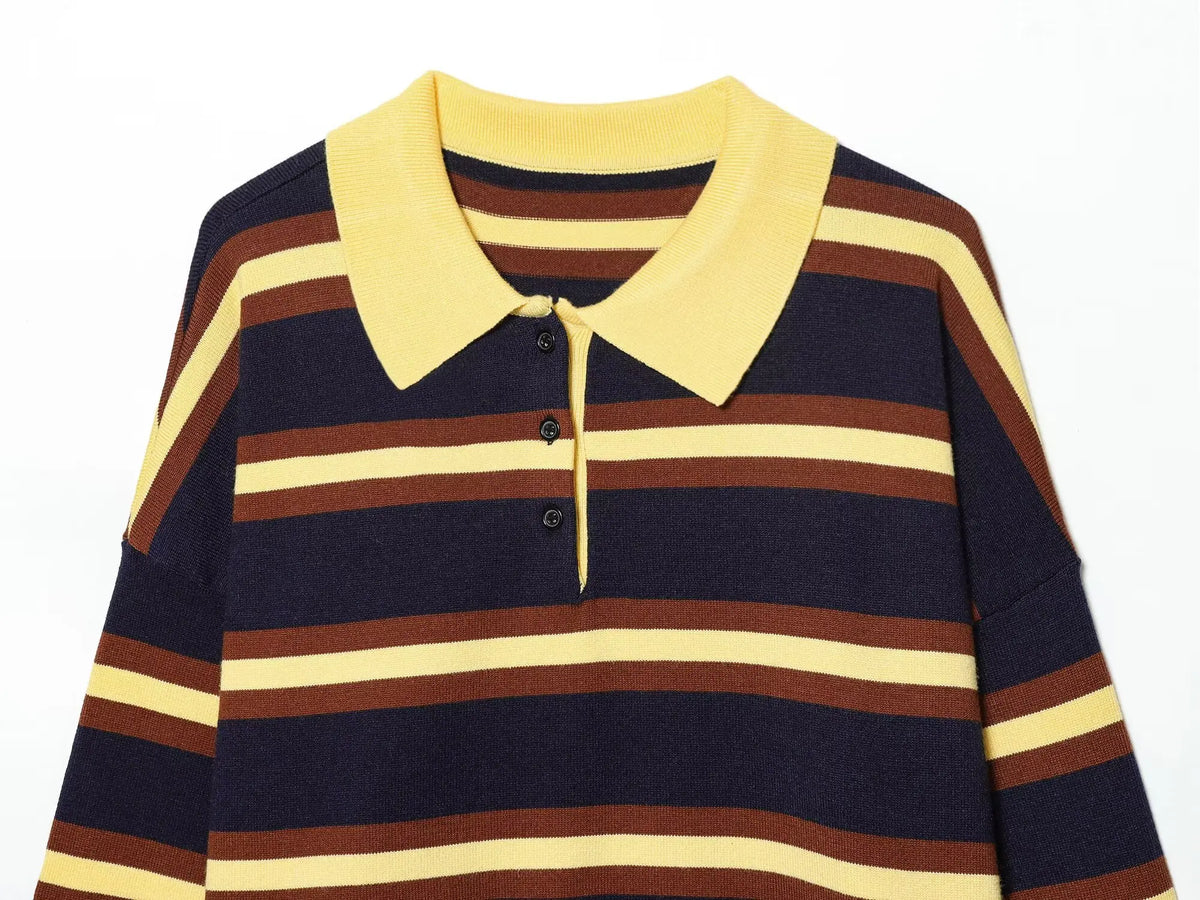 Rosie Striped Knit Polo Sweater in Navy & Yellow