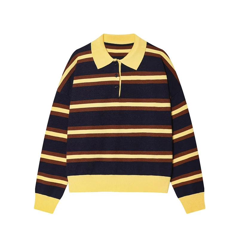 Rosie Striped Knit Polo Sweater in Navy & Yellow