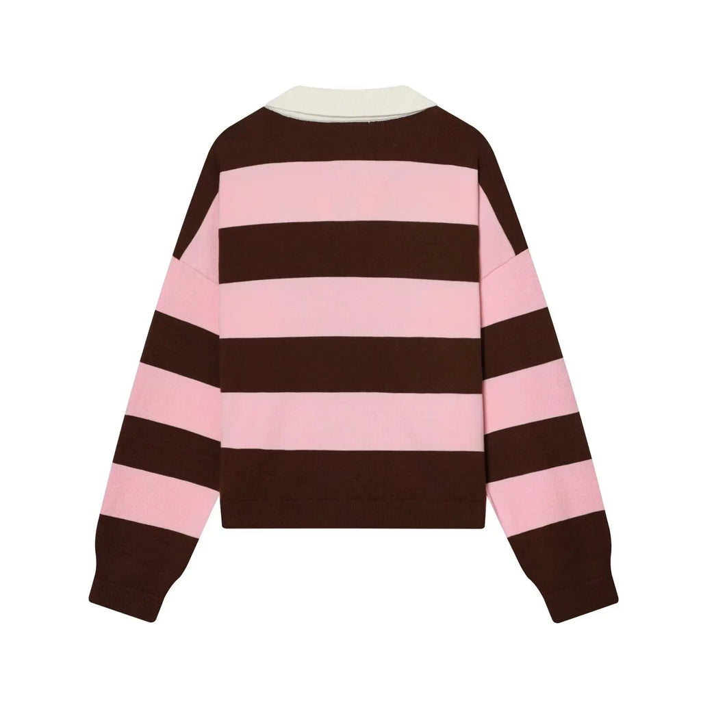 Rosie Striped Knit Polo Sweater in Pink & Brown