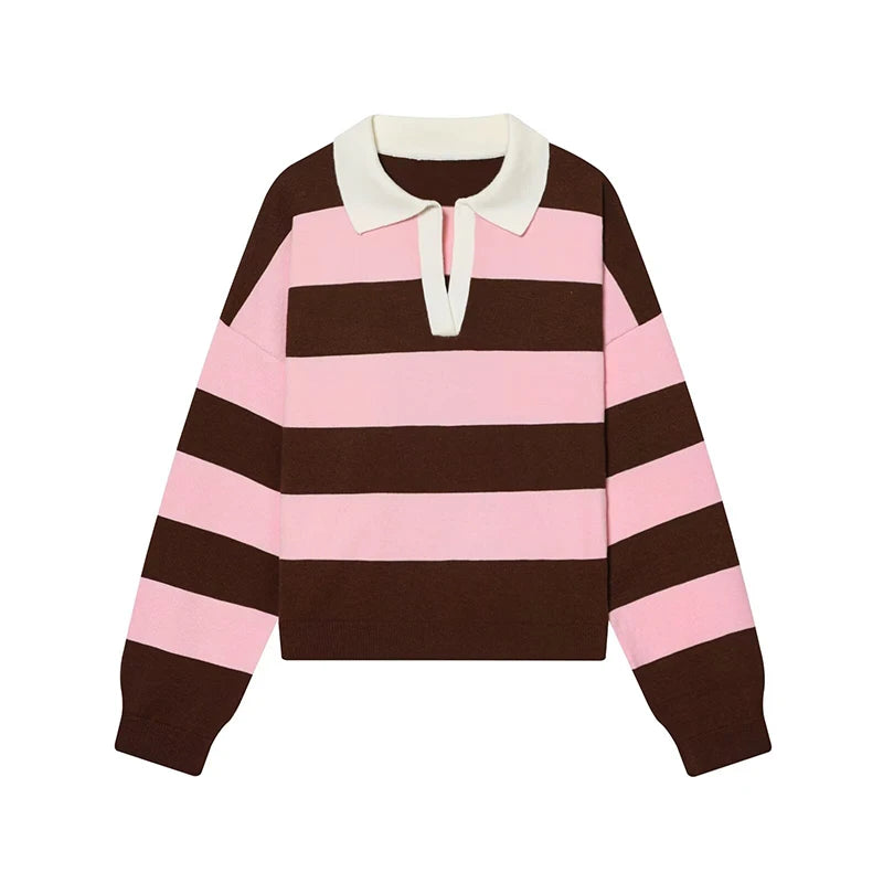 Rosie Striped Knit Polo Sweater in Pink & Brown