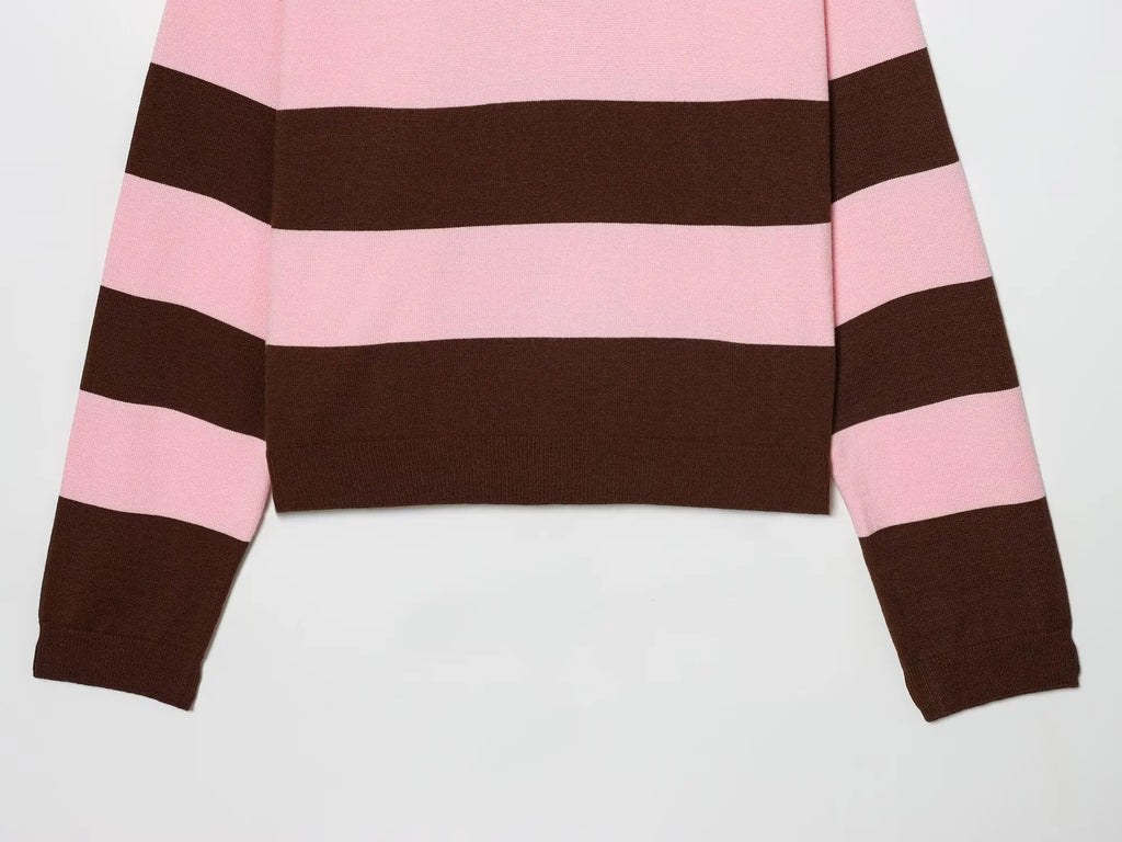 Rosie Striped Knit Polo Sweater in Pink & Brown