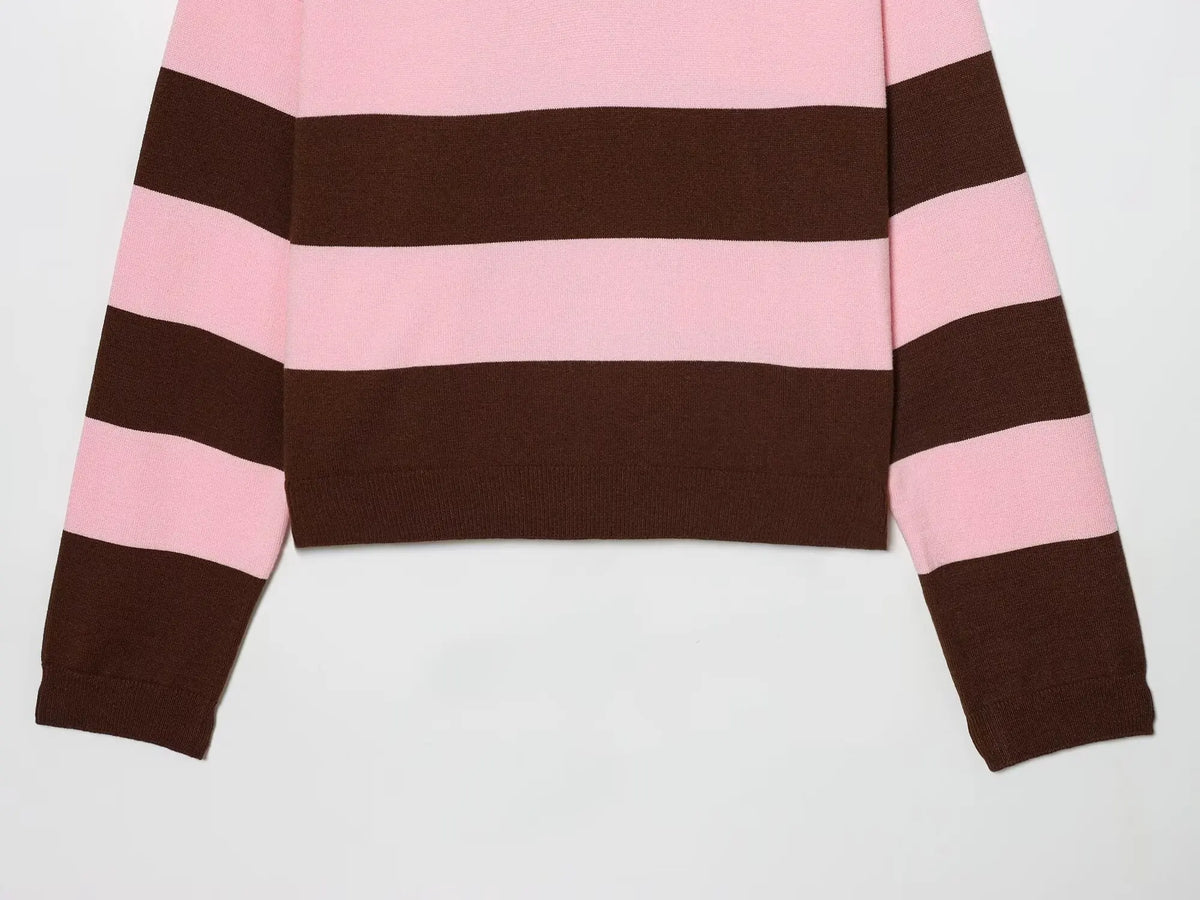 Rosie Striped Knit Polo Sweater in Pink & Brown