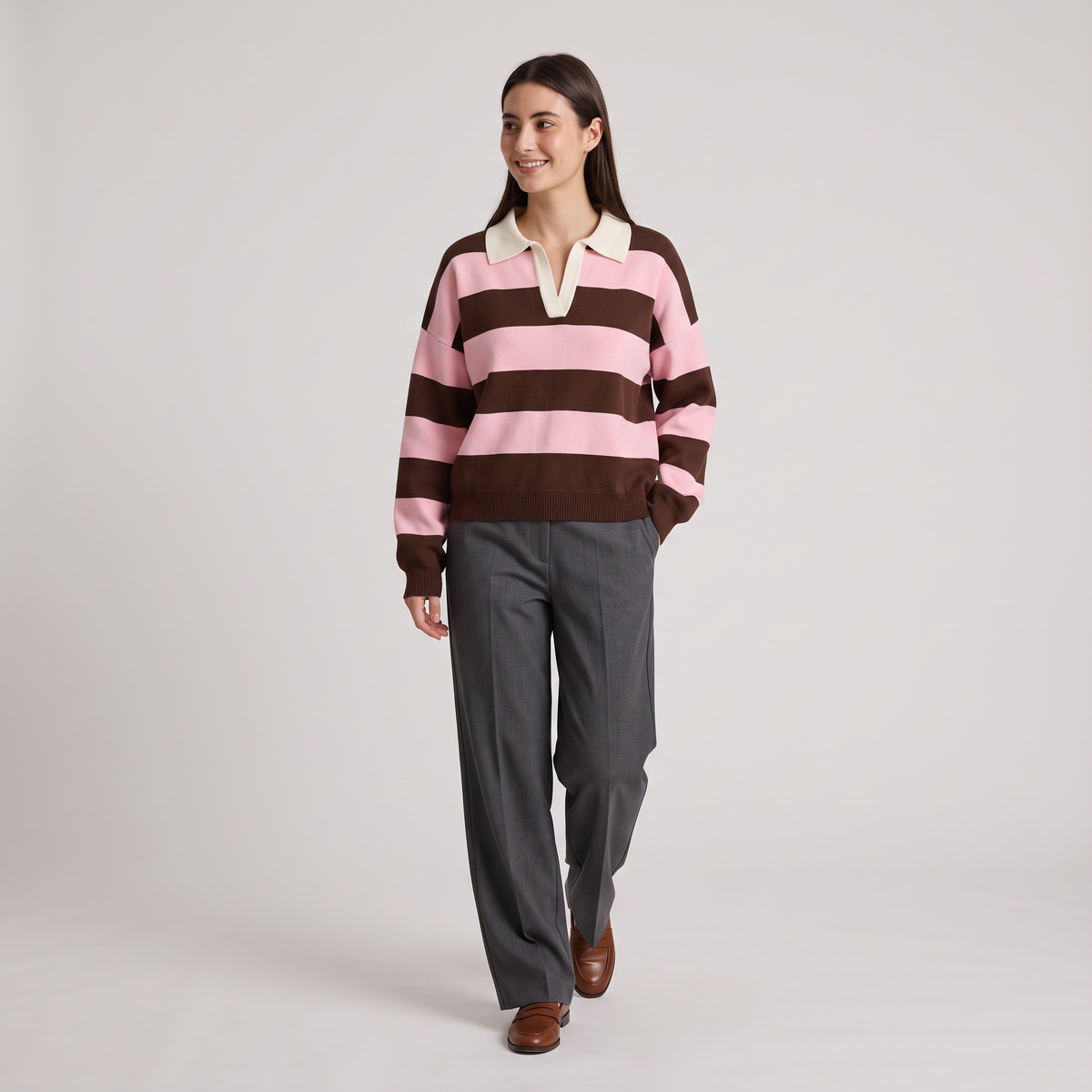 Rosie Striped Knit Polo Sweater in Pink & Brown