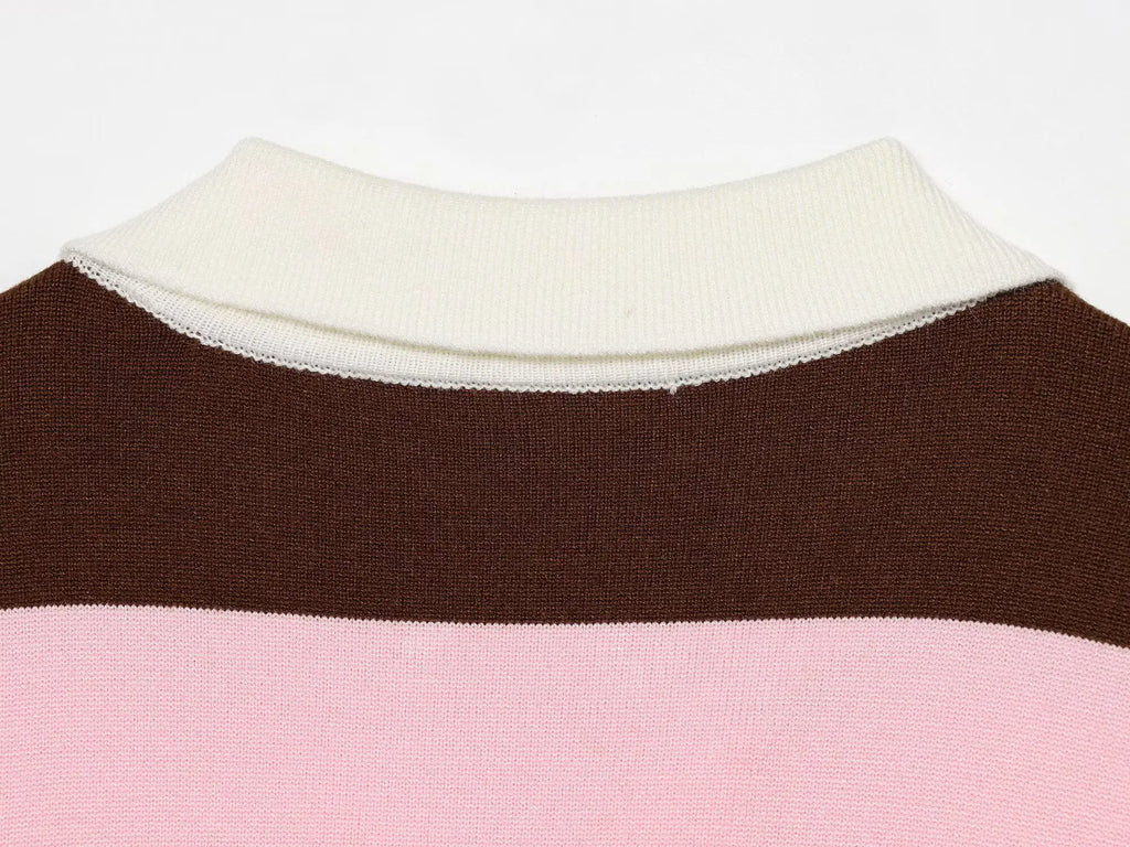 Rosie Striped Knit Polo Sweater in Pink & Brown