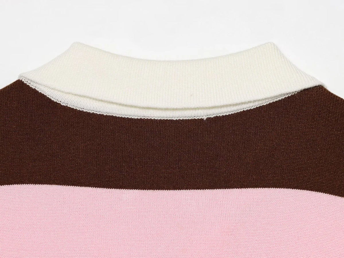 Rosie Striped Knit Polo Sweater in Pink & Brown