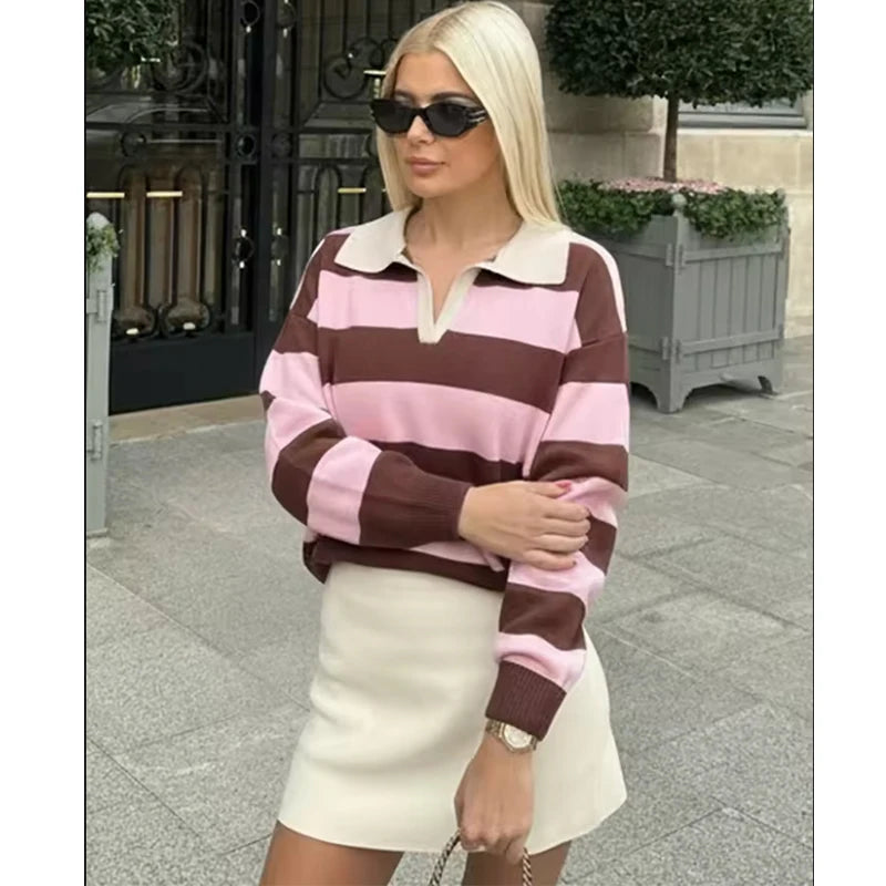Rosie Striped Knit Polo Sweater in Pink & Brown