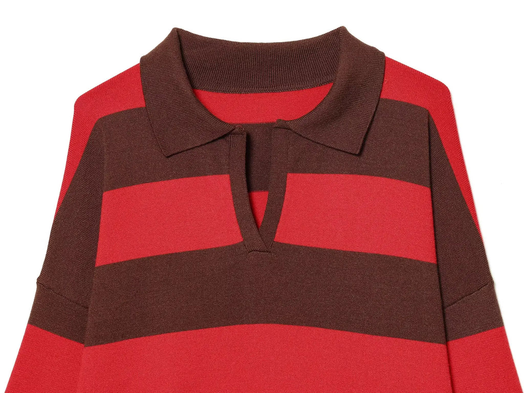 Rosie Striped Knit Polo Sweater in Red & Brown