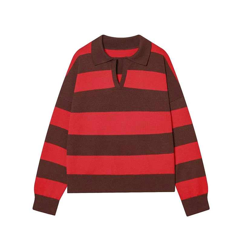 Rosie Striped Knit Polo Sweater in Red & Brown
