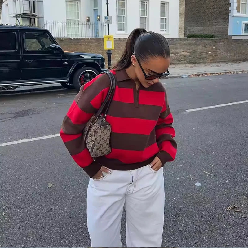 Rosie Striped Knit Polo Sweater in Red & Brown
