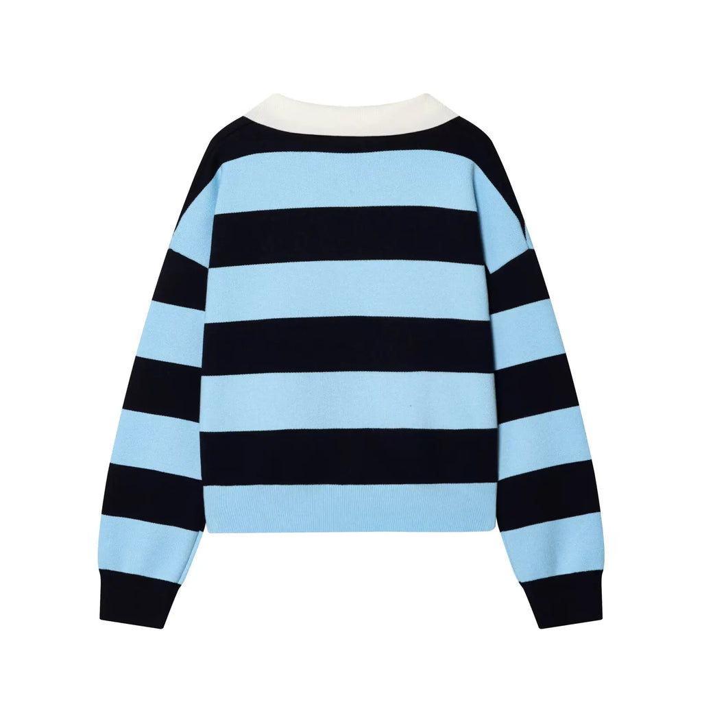 Rosie Striped Knit Polo Sweater in Sky & Navy