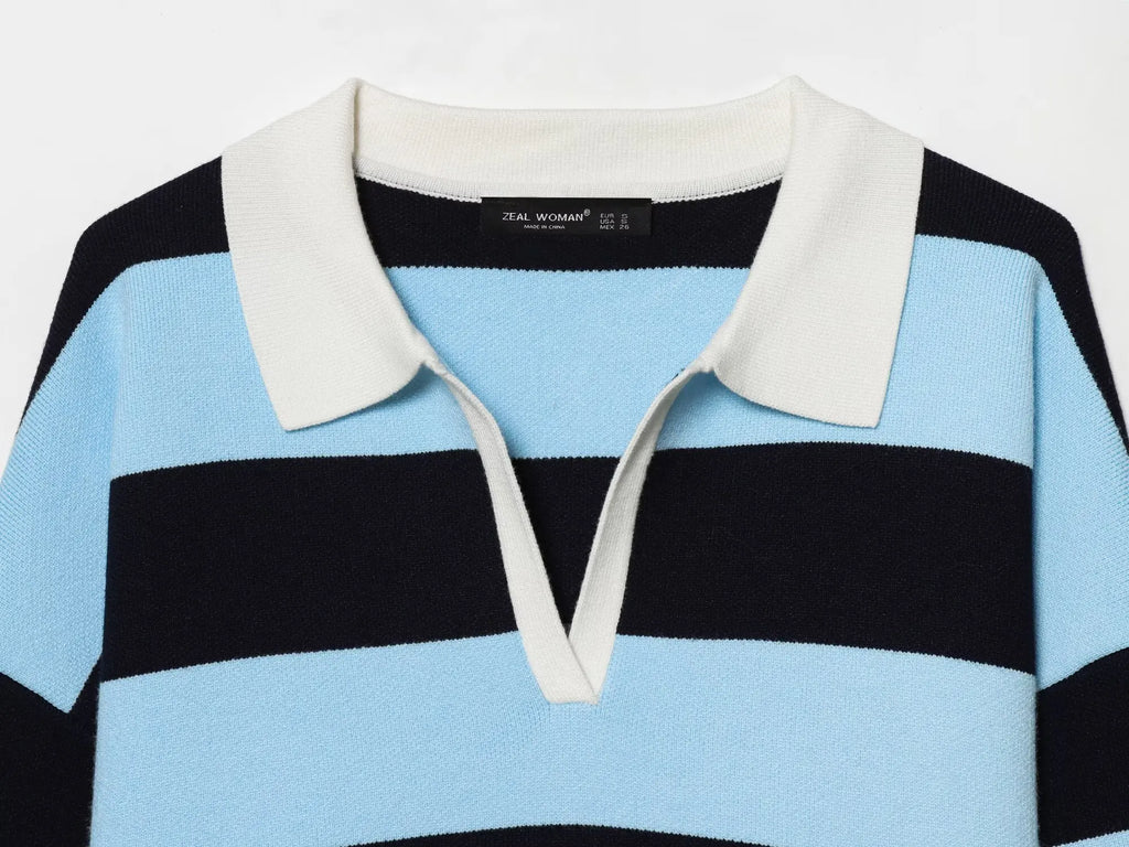 Rosie Striped Knit Polo Sweater in Sky & Navy
