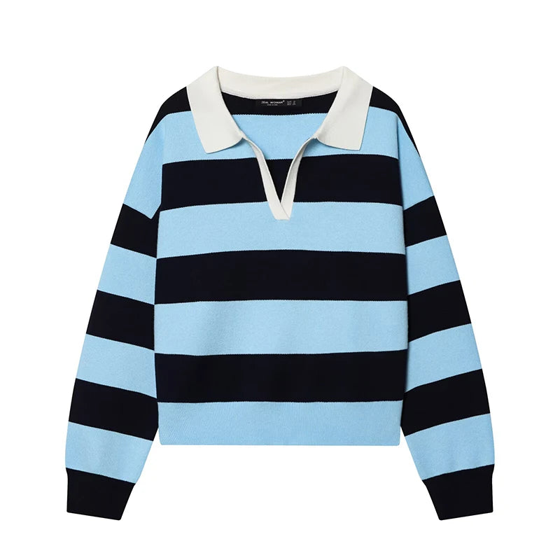 Rosie Striped Knit Polo Sweater in Sky & Navy