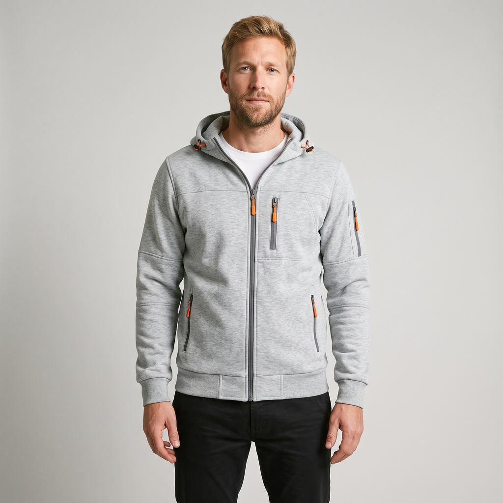 Rowan Cotton Zip-Up Hoodie in Light Gray on model