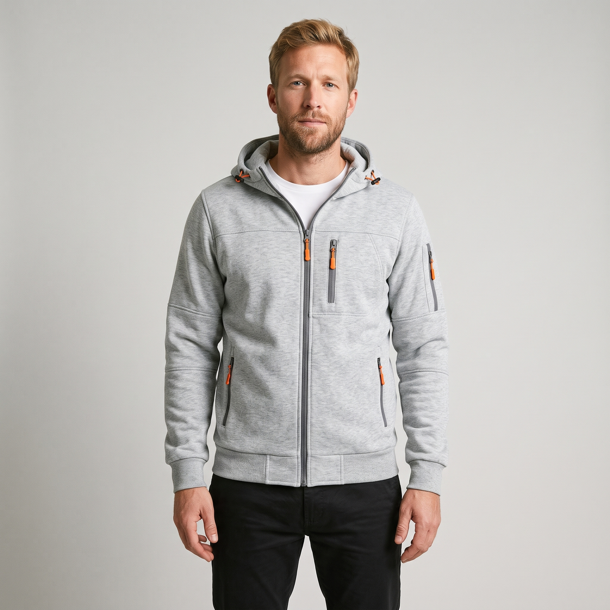 Rowan Cotton Zip-Up Hoodie in Light Gray on model