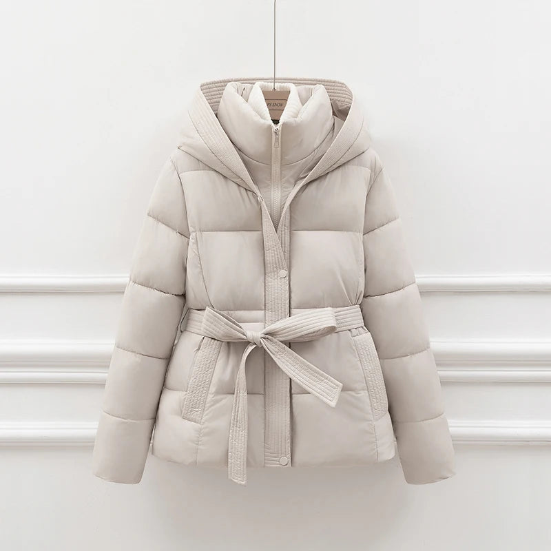 Sigrid Belted Hooded Puffer Jacket in Cream