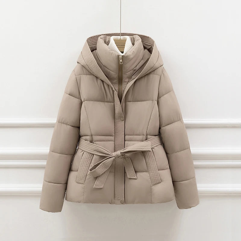 Sigrid Belted Hooded Puffer Jacket in Taupe
