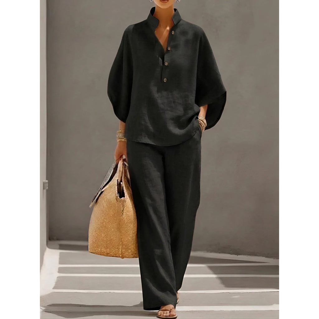 Isla Mandarin Collar Linen Set black – Mance Wear women's two piece set