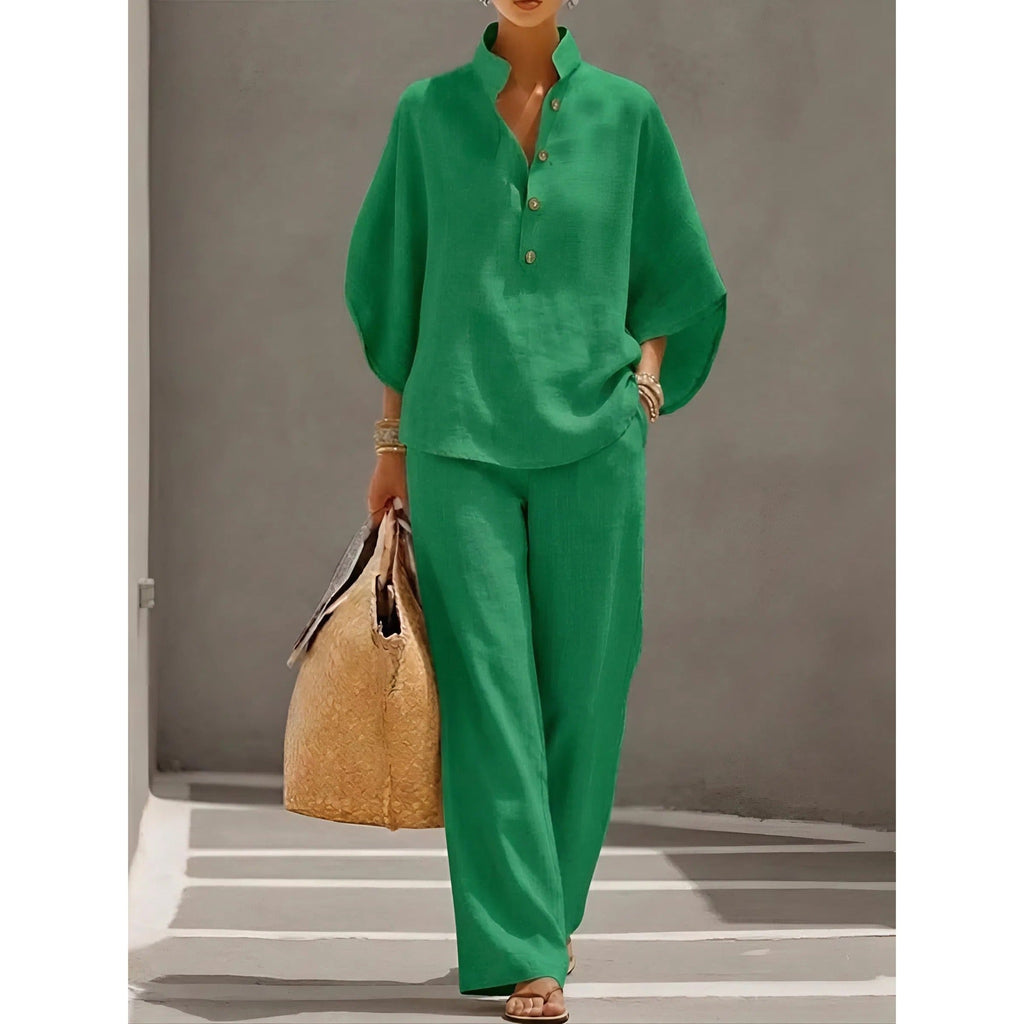 Isla Mandarin Collar Linen Set green – Mance Wear women's two piece set