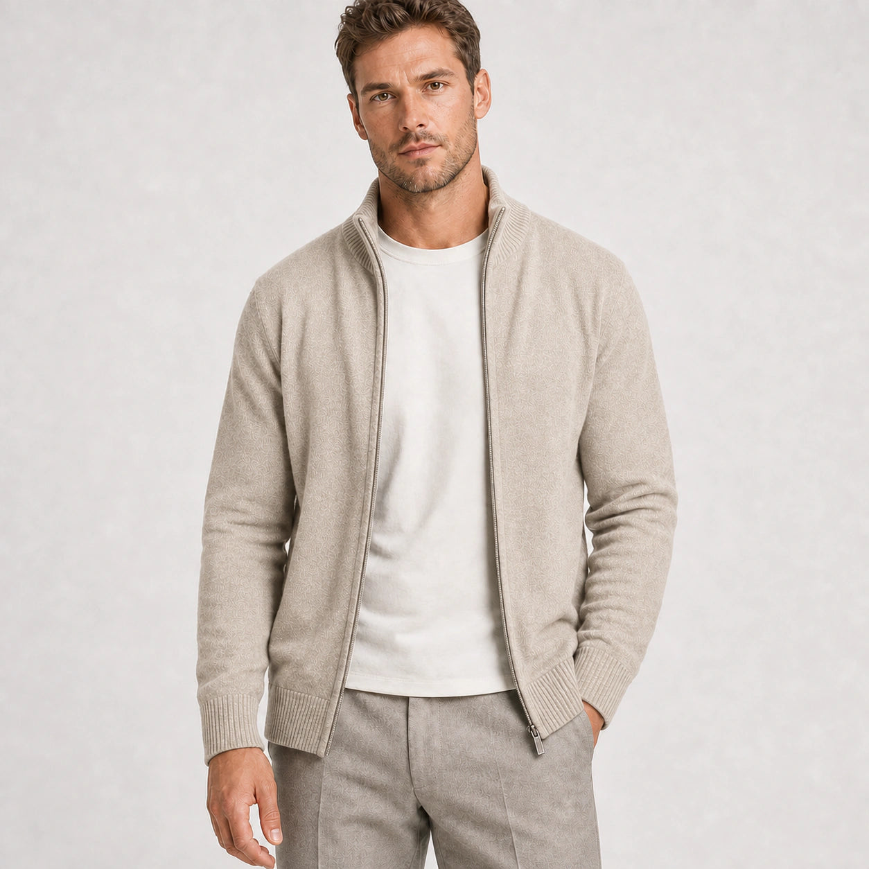 Men's beige zip-up knit cardigan – front view