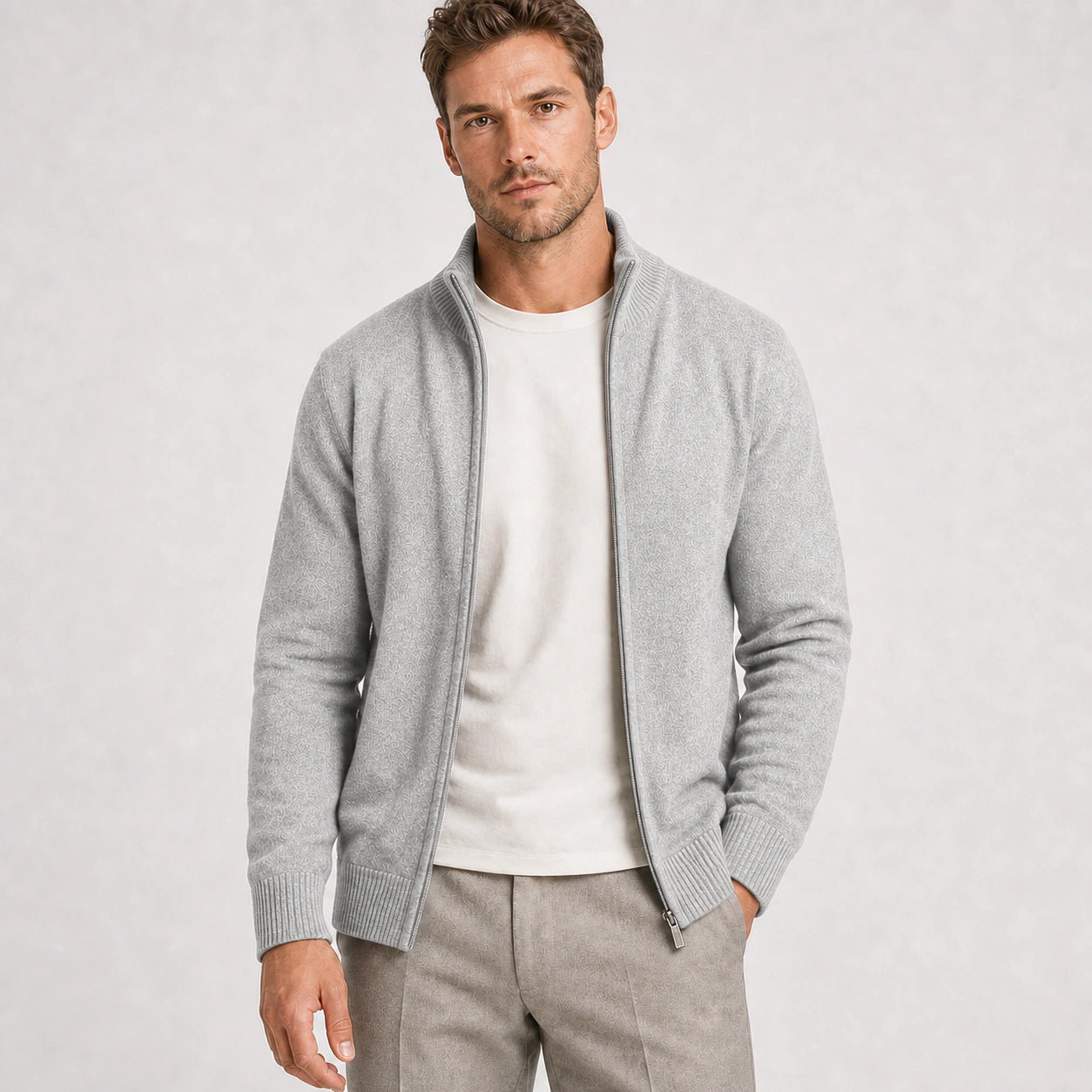 Men's light grey zip-up knit cardigan – front view