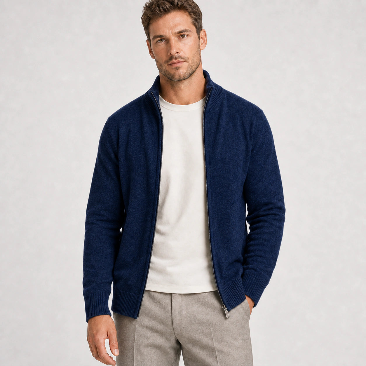 Men's navy blue zip-up knit cardigan – front view