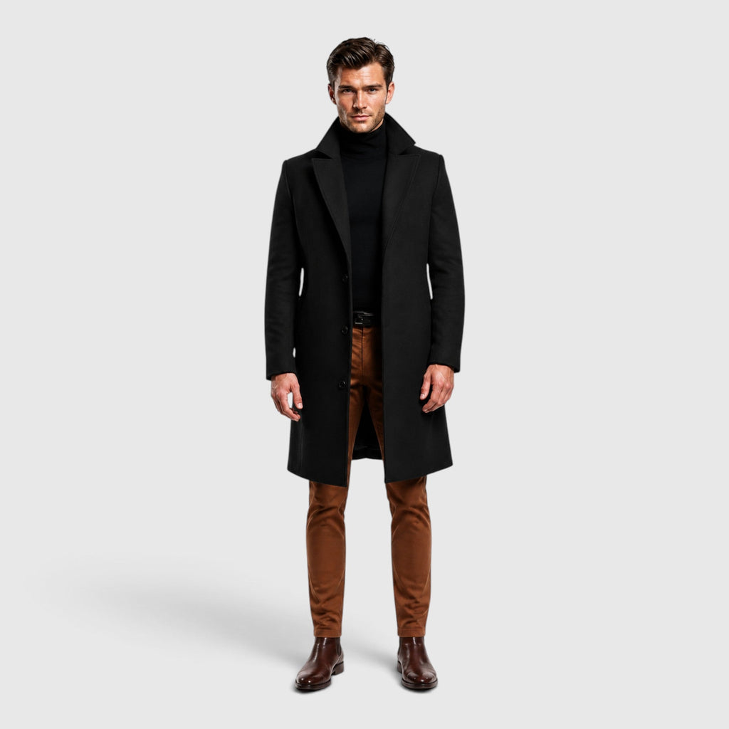 Quentin Long Wool Coat in Black, product detail photo by Mance Wear